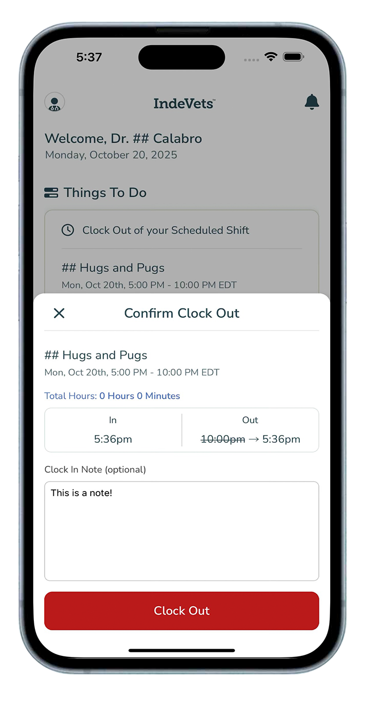 IndeVets clock out flow