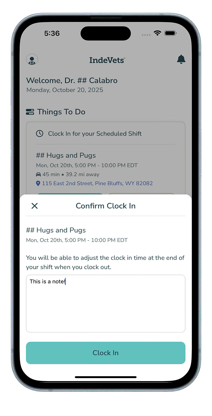 IndeVets clock in flow