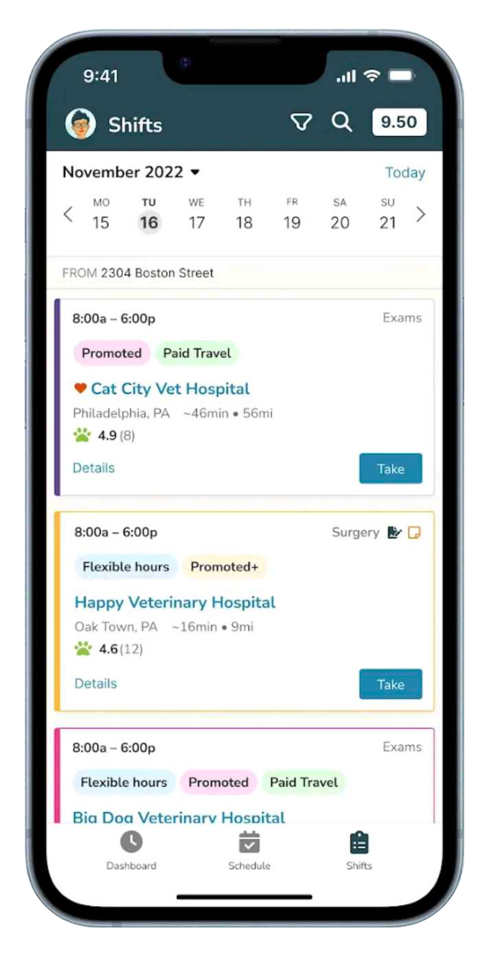 IndeVets Android – Shifts list (earlier release)